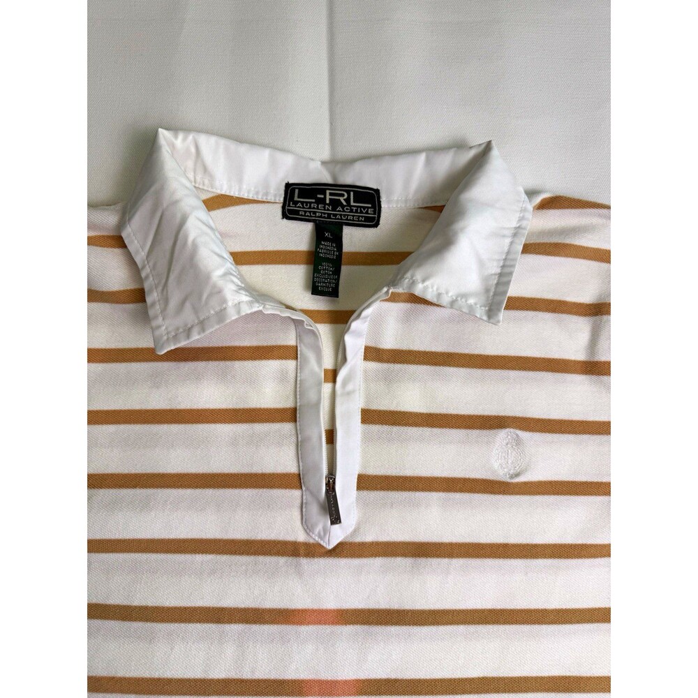 Ralph Lauren Lauren Active Women's XL White Tan Striped 1/4 Zip Cotton Polo